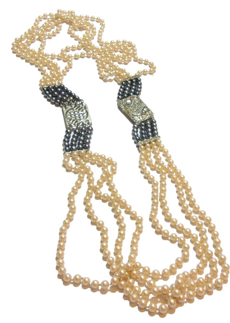 Art Deco Costume Piece Beaded Long Necklace Off-White and Gray Pearls Crystal